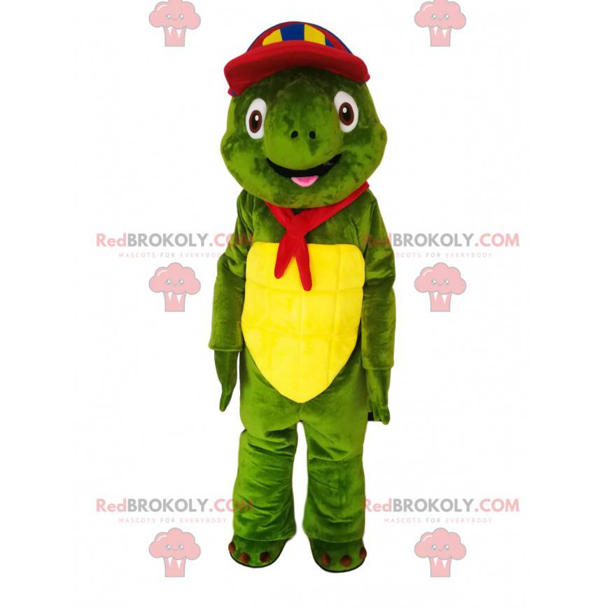 Mascotte tartaruga verde con berretto multicolore e bandana -