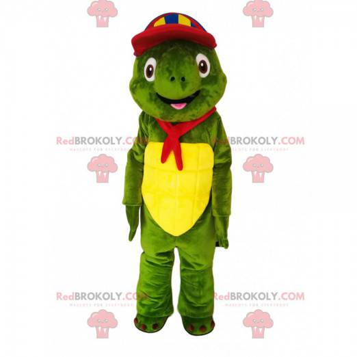 Mascotte tartaruga verde con berretto multicolore e bandana -