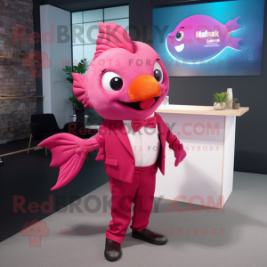 Magenta Goldfish mascot costume character dressed with a Poplin Shirt and Lapel pins