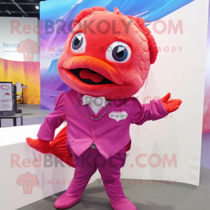 Magenta Goldfish mascot costume character dressed with a Poplin Shirt and Lapel pins
