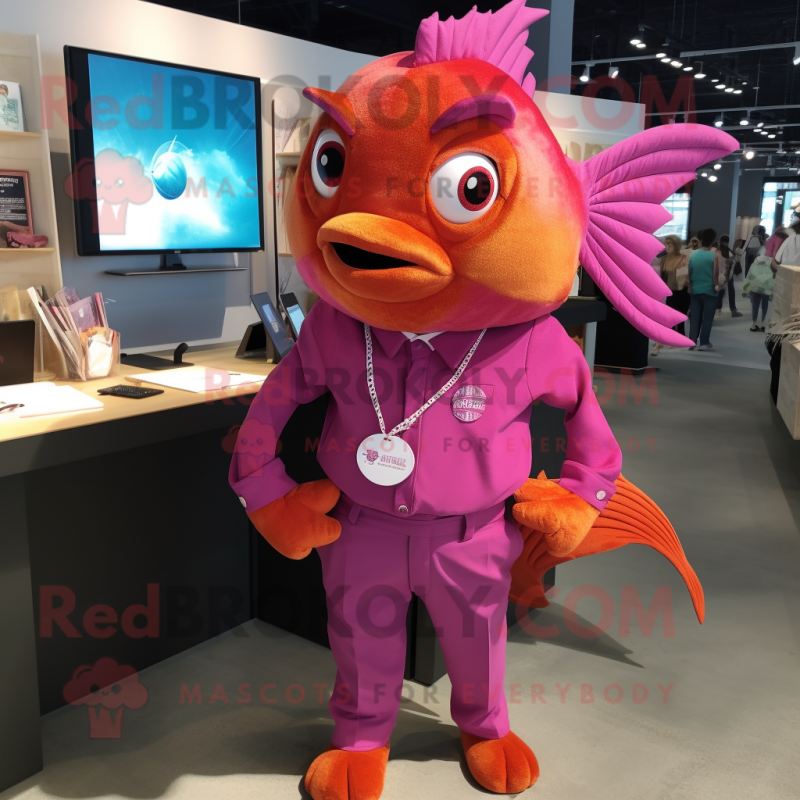 Magenta Goldfish mascot costume character dressed with a Poplin Shirt and Lapel pins