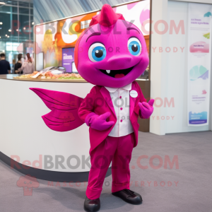 Magenta Goldfish mascot costume character dressed with a Poplin Shirt and Lapel pins
