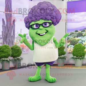 Lavender Broccoli mascot costume character dressed with a Tank Top and Eyeglasses