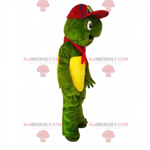 Mascota de la tortuga verde con una gorra multicolor y un
