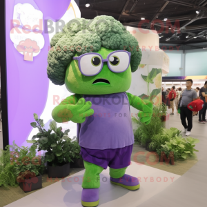 Lavender Broccoli mascot costume character dressed with a Tank Top and Eyeglasses