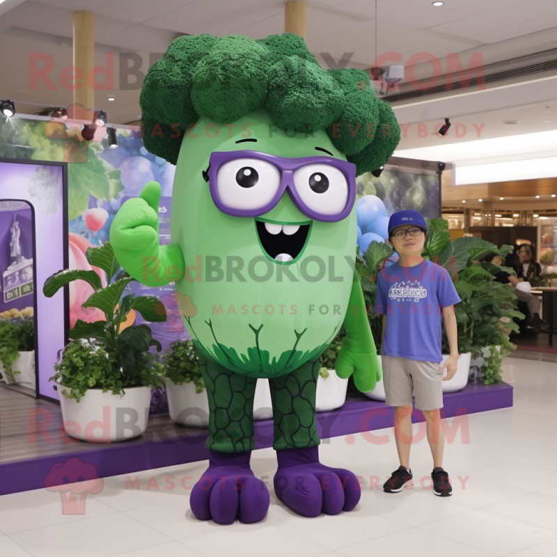 Lavender Broccoli mascot costume character dressed with a Tank Top and Eyeglasses