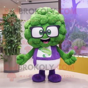 Lavender Broccoli mascot costume character dressed with a Tank Top and Eyeglasses