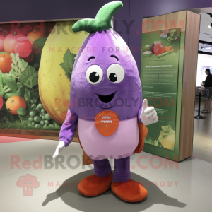 Purple Melon mascot costume character dressed with a Shorts and Scarves