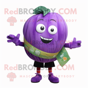 Purple Melon mascot costume character dressed with a Shorts and Scarves