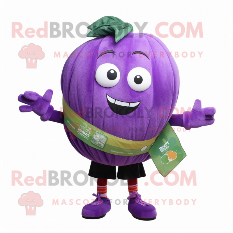 Purple Melon mascot costume character dressed with a Shorts and Scarves Purple Melon mascot costume character dressed with a Shorts and Scarves