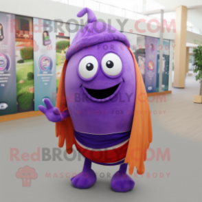 Purple Melon mascot costume character dressed with a Shorts and Scarves