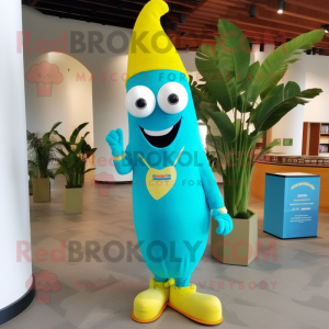 Turquoise Banana mascot costume character dressed with a Waistcoat and Eyeglasses