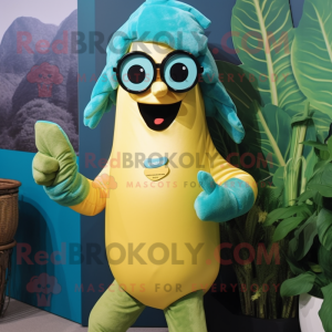 Turquoise Banana mascot costume character dressed with a Waistcoat and Eyeglasses