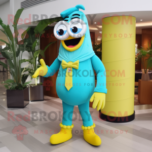 Turquoise Banana mascot costume character dressed with a Waistcoat and Eyeglasses