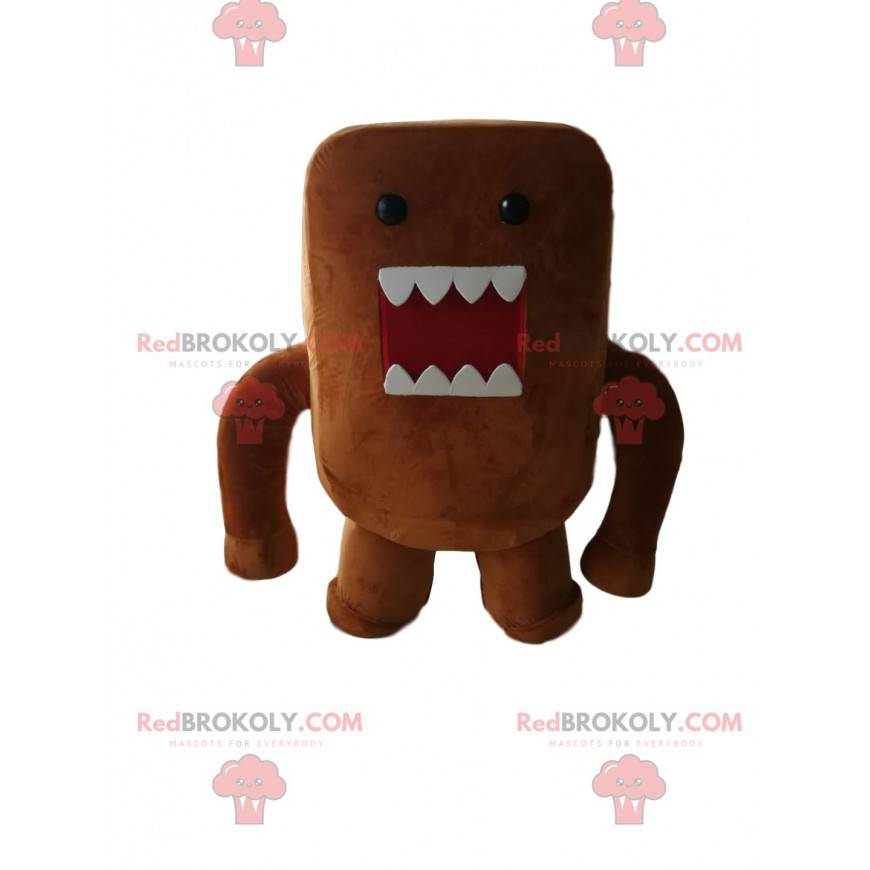 Mascot pequeño monstruo marrón con dientes grandes -