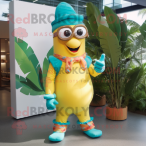 Turquoise Banana mascot costume character dressed with a Waistcoat and Eyeglasses