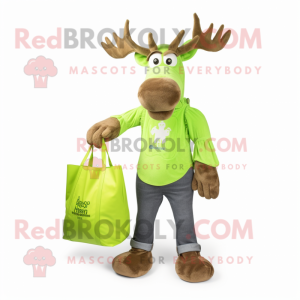 Lime Green Irish Elk mascot costume character dressed with a Boyfriend Jeans and Tote bags