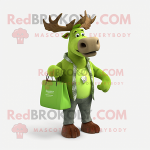 Lime Green Irish Elk mascot costume character dressed with a Boyfriend Jeans and Tote bags