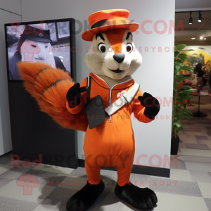 Orange Skunk mascot costume character dressed with a Suit and Berets