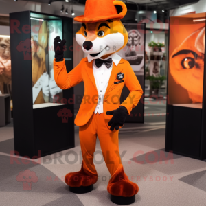 Orange Skunk mascot costume character dressed with a Suit and Berets