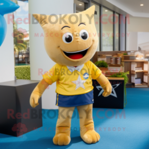 Gold Starfish mascot costume character dressed with a Rugby Shirt and Ties