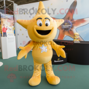 Gold Starfish mascot costume character dressed with a Rugby Shirt and Ties
