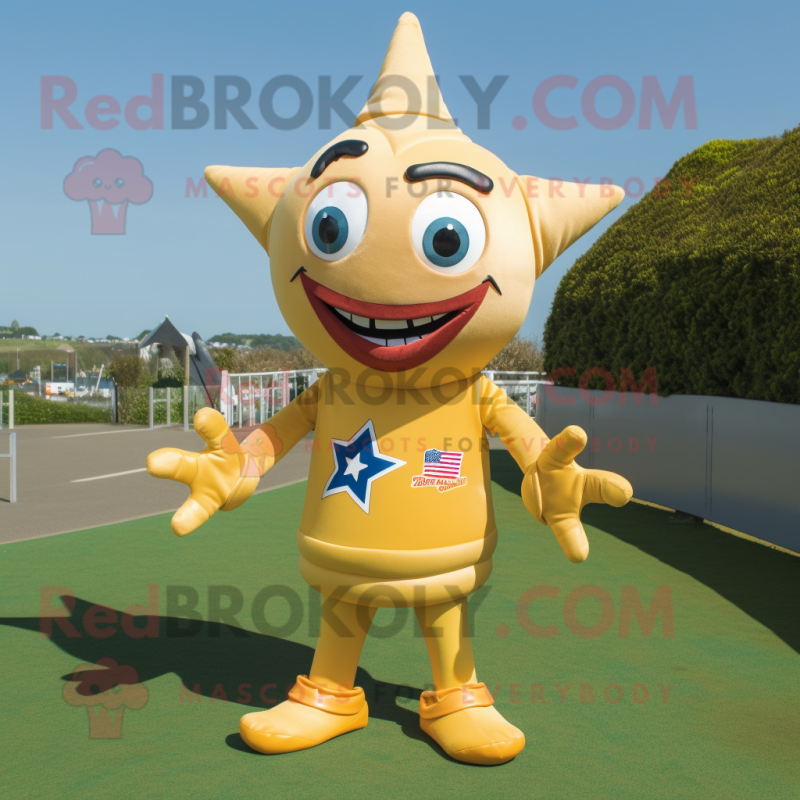 Gold Starfish mascot costume character dressed with a Rugby Shirt and Ties