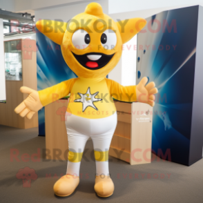 Gold Starfish mascot costume character dressed with a Rugby Shirt and Ties