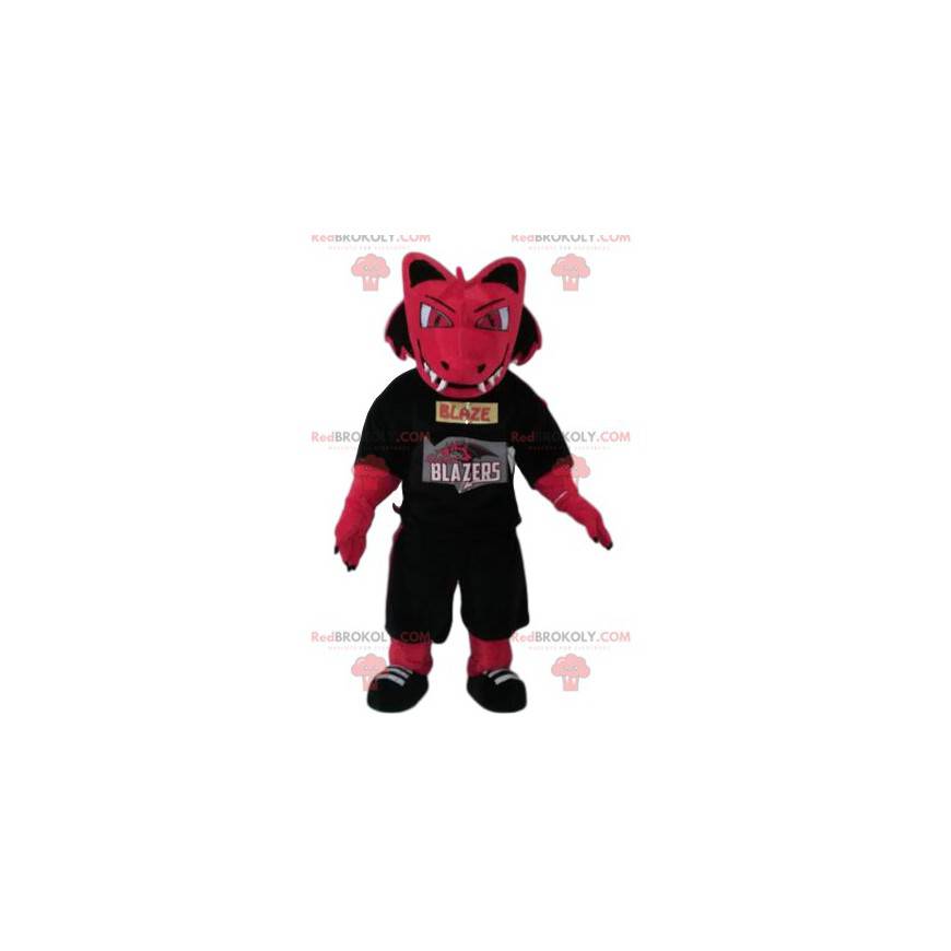 Fuchsia drage maskot truer med en supporter jersey -