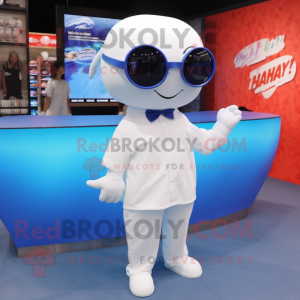 White Blue Whale mascot costume character dressed with a T-Shirt and Sunglasses