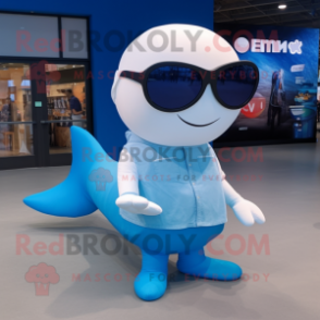 White Blue Whale mascot costume character dressed with a T-Shirt and Sunglasses