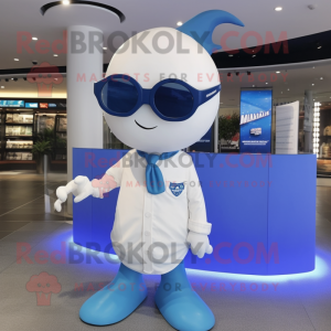 White Blue Whale mascot costume character dressed with a T-Shirt and Sunglasses