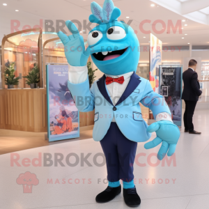 Sky Blue Lobster mascot costume character dressed with a Blazer and Hair clips