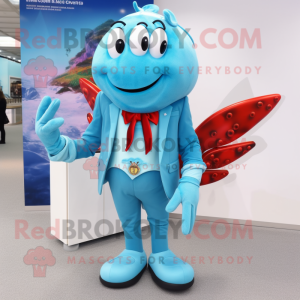 Sky Blue Lobster mascot costume character dressed with a Blazer and Hair clips