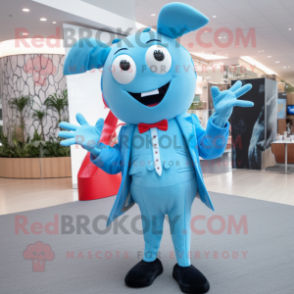 Sky Blue Lobster mascot costume character dressed with a Blazer and Hair clips