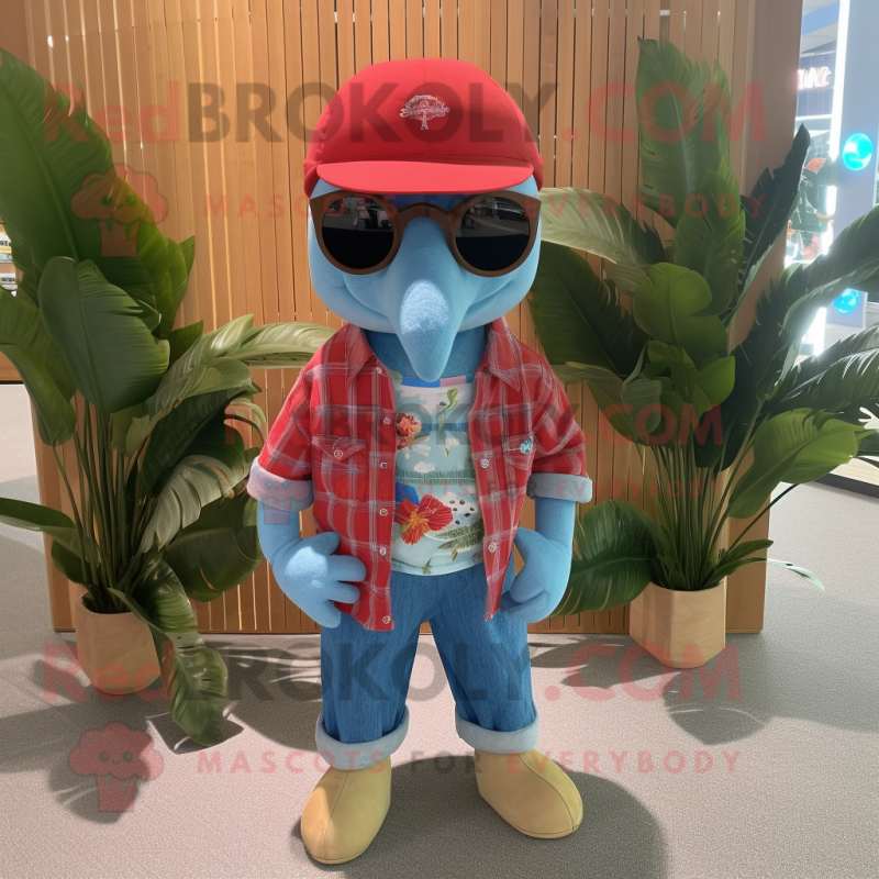 Red Dolphin mascot costume character dressed with a Chambray Shirt and Sunglasses