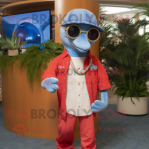 Red Dolphin mascot costume character dressed with a Chambray Shirt and Sunglasses