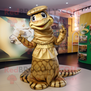 Gold Anaconda mascot costume character dressed with a Wrap Skirt and Hats
