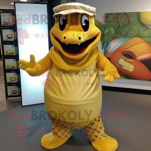 Gold Anaconda mascot costume character dressed with a Wrap Skirt and Hats