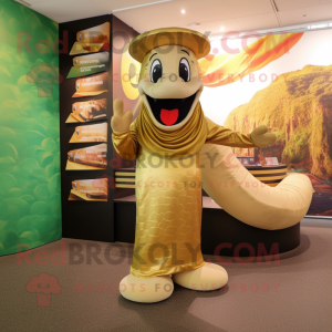 Gold Anaconda mascot costume character dressed with a Wrap Skirt and Hats