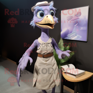 Lavender Archeopteryx mascot costume character dressed with a Pencil Skirt and Suspenders