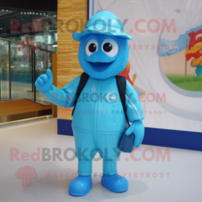 Cyan Ice mascot costume character dressed with a Raincoat and Backpacks