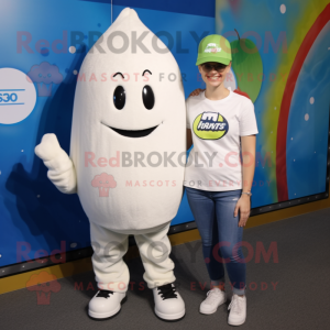 White Squash mascot costume character dressed with a Mom Jeans and Beanies