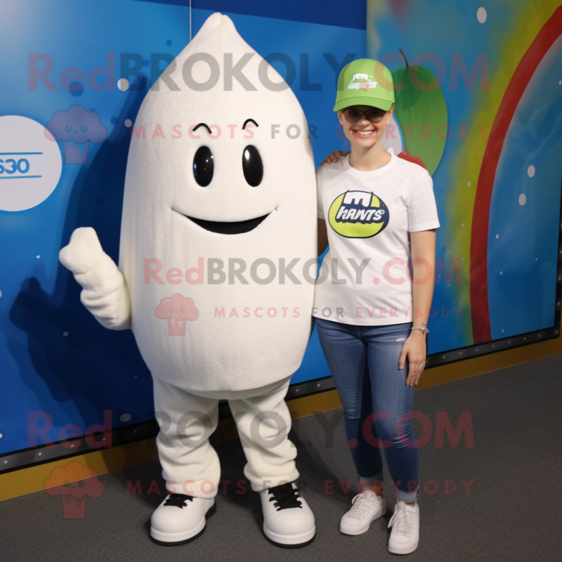 White Squash mascot costume character dressed with a Mom Jeans and Beanies White Squash mascot costume character dressed with a Mom Jeans and Beanies