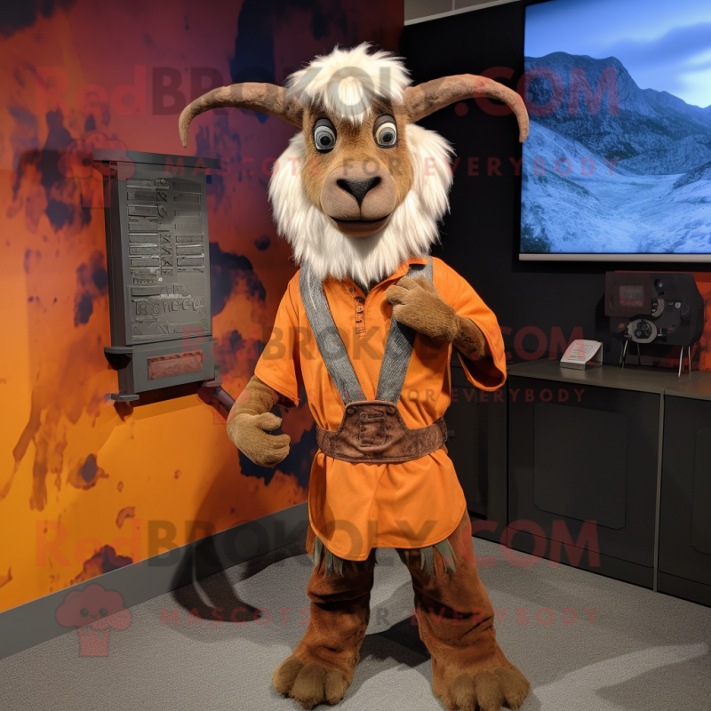 Rust Goat mascot costume character dressed with a Cargo Shorts and Shawl pins Rust Goat mascot costume character dressed with a Cargo Shorts and Shawl pins