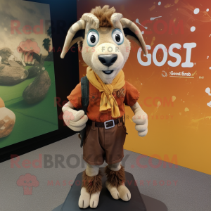 Rust Goat mascot costume character dressed with a Cargo Shorts and Shawl pins