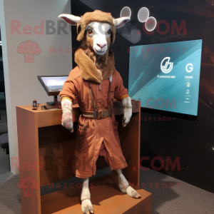 Rust Goat mascot costume character dressed with a Cargo Shorts and Shawl pins