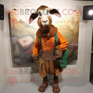 Rust Goat mascot costume character dressed with a Cargo Shorts and Shawl pins