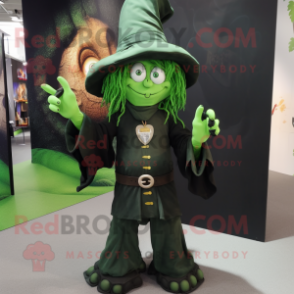 Forest Green Witch mascot costume character dressed with a Cargo Pants and Rings