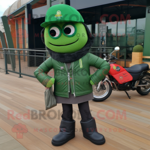 Forest Green Paella mascot costume character dressed with a Biker Jacket and Pocket squares